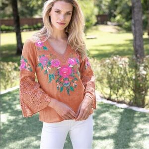 Sharon Young Orange Floral Embroidered Blouse